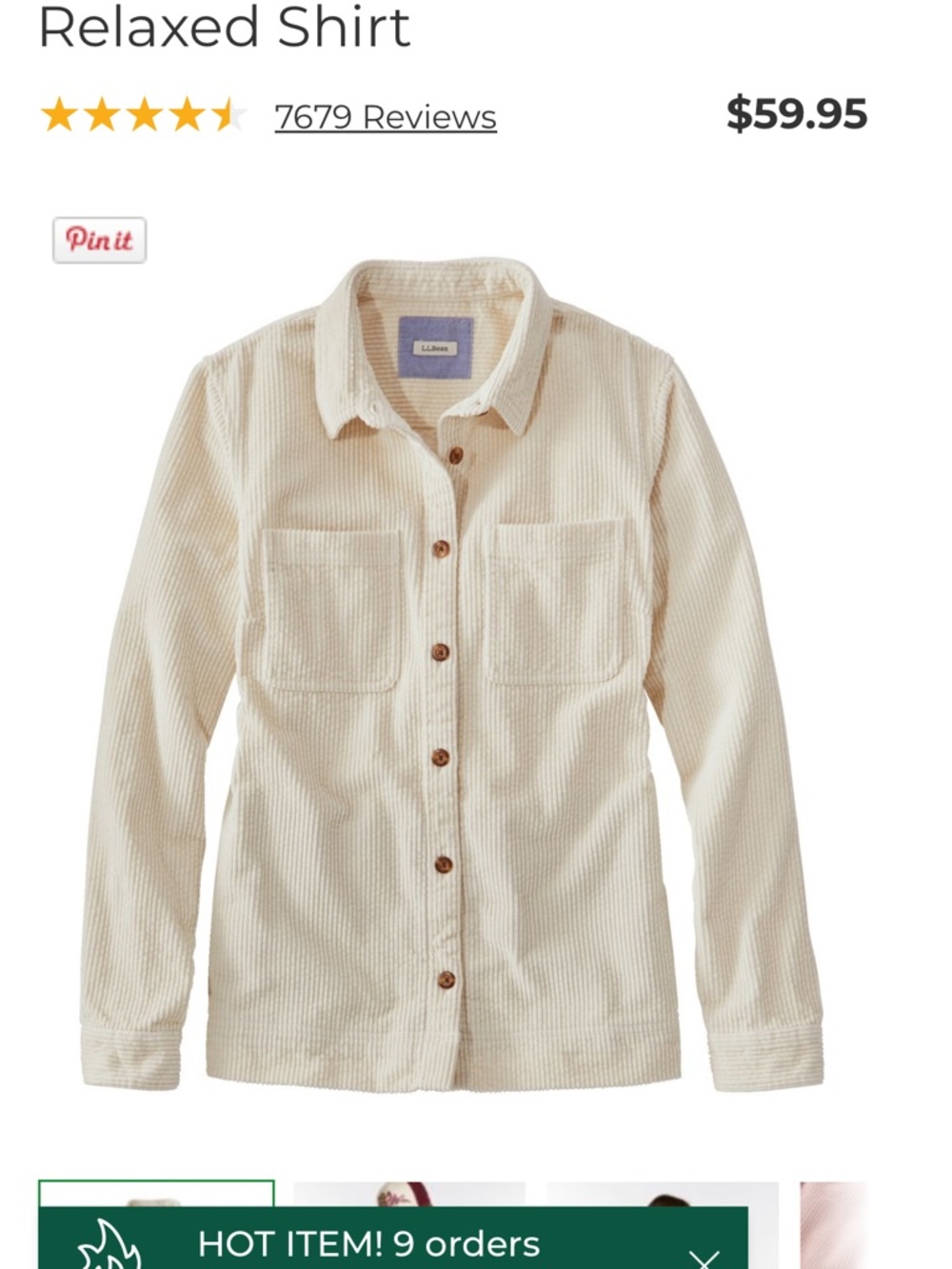 LL Bean Cream Corduroy Relaxed Shirt
